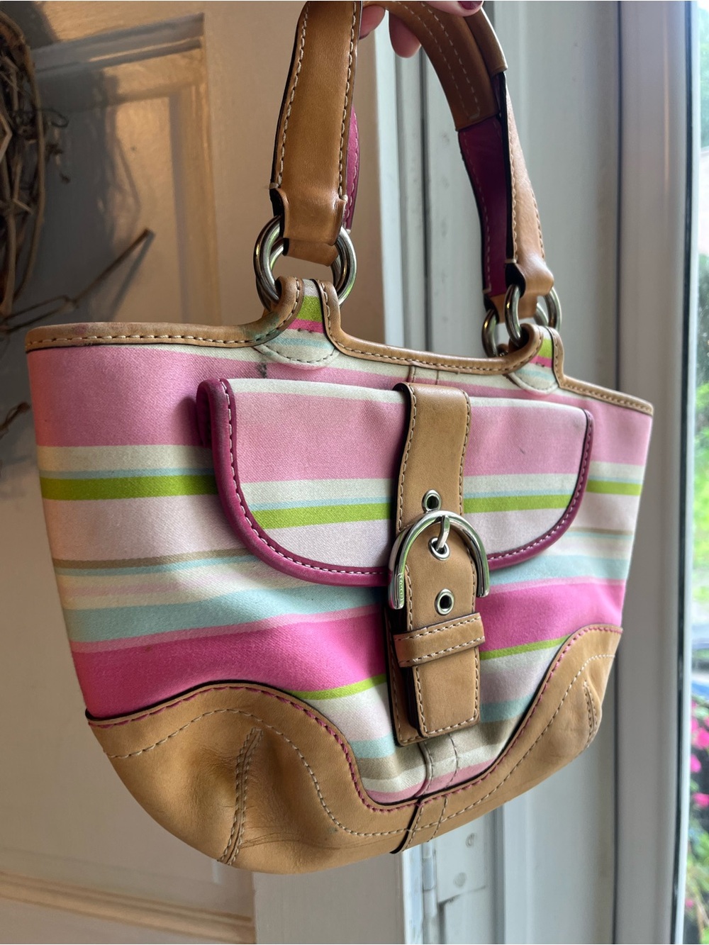 Coach Pink, Cream & Green Striped Soho Shoulder Bag with Tan Trim - Picture 2 of 8